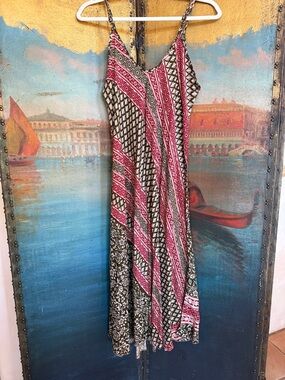 Bohemian Printed Spaghetti Strap Maxi Dress in Pink and Black